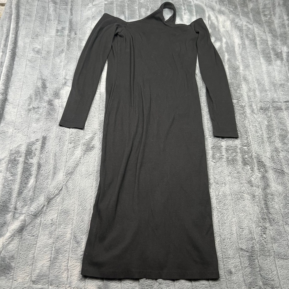 French Connection Womens Black Ribbed Cold Shoulder Midi Dress Large 13940